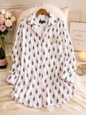 TOSS Designs XL Champagne Bottle Print Pajama Nightshirt Pink Piping Monogram